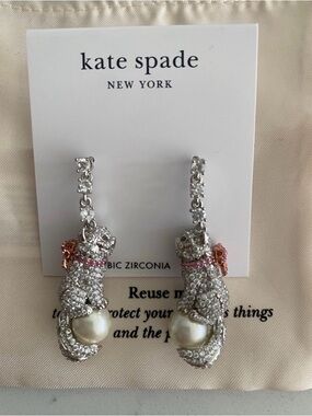 kate spade silver-tone crystal cat drop earrings with pearl